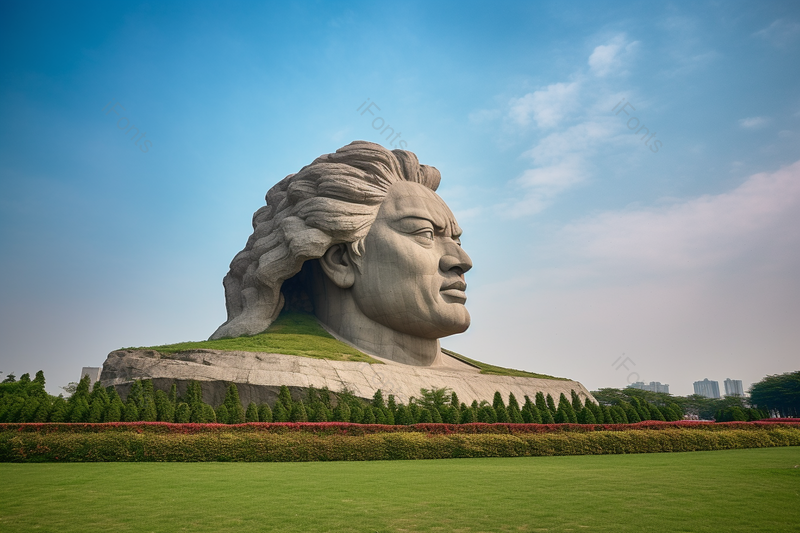 大型的石塑雕像矗立在蓝天白云的草地上风景,高清,摄影图,摄影图片,图片大全,摄影图免费下载